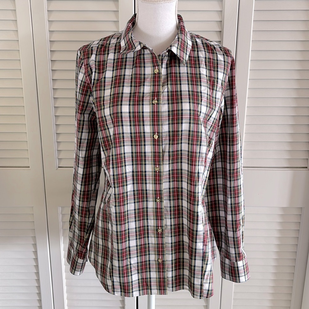 Talbots Perfect Shirt Women’s Happy Plaid Holiday Gold Lurex Thread Size 14